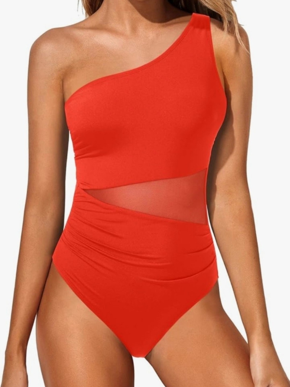 Younique One-Shoulder Red Swimsuit with Mesh Cutout